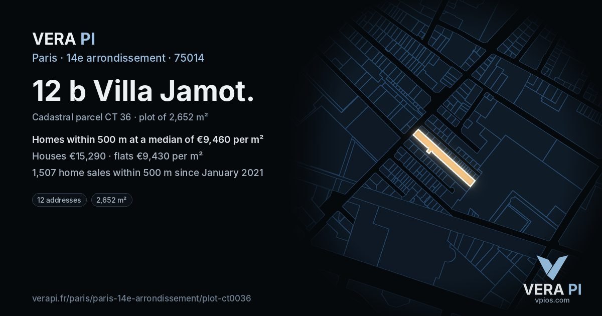 12 b Villa Jamot, 14e arrondissement at night – the plot lit, the parcels around coloured by the prices near them
