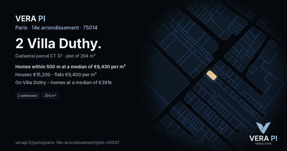 2 Villa Duthy, 14e arrondissement at night – the plot lit, the parcels around coloured by the prices near them