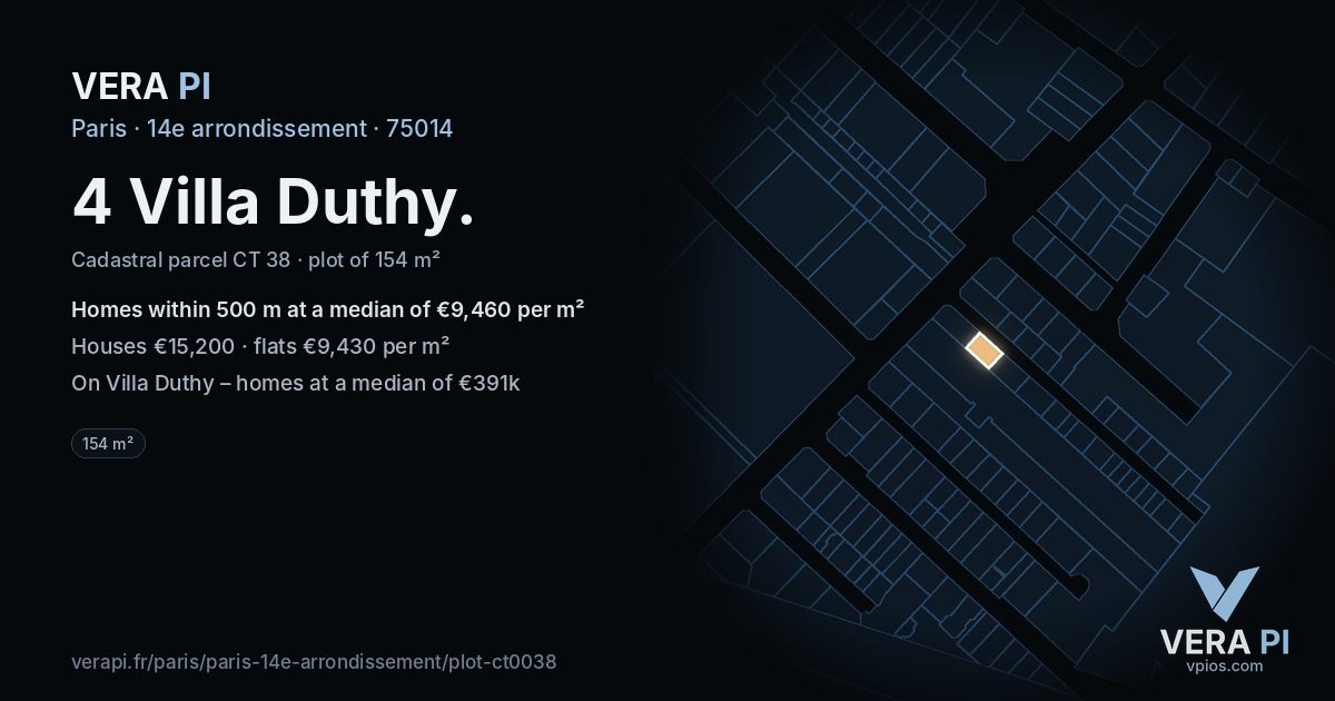 4 Villa Duthy, 14e arrondissement at night – the plot lit, the parcels around coloured by the prices near them