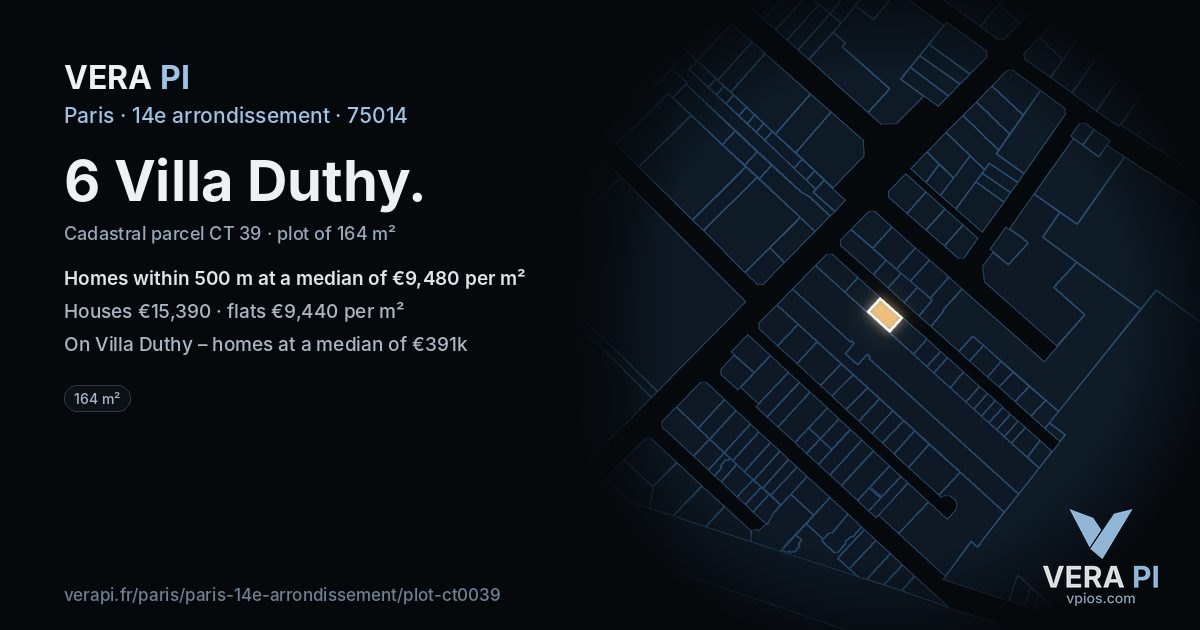 6 Villa Duthy, 14e arrondissement at night – the plot lit, the parcels around coloured by the prices near them