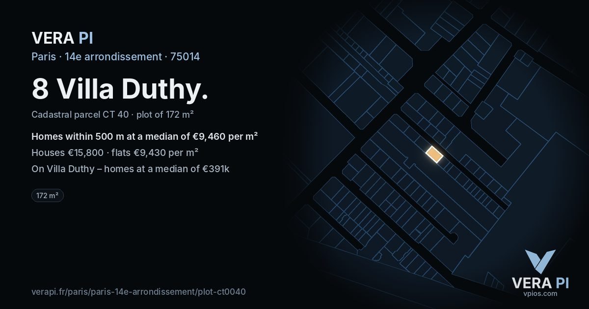 8 Villa Duthy, 14e arrondissement at night – the plot lit, the parcels around coloured by the prices near them