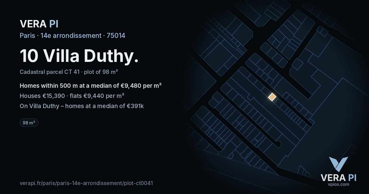 10 Villa Duthy, 14e arrondissement at night – the plot lit, the parcels around coloured by the prices near them