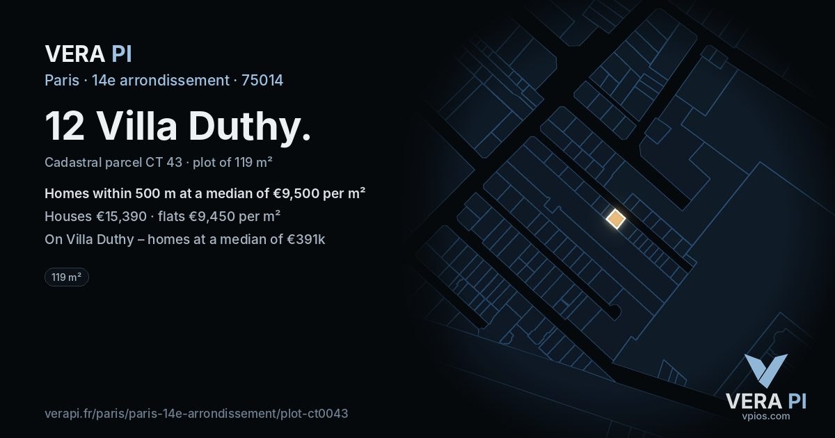 12 Villa Duthy, 14e arrondissement at night – the plot lit, the parcels around coloured by the prices near them