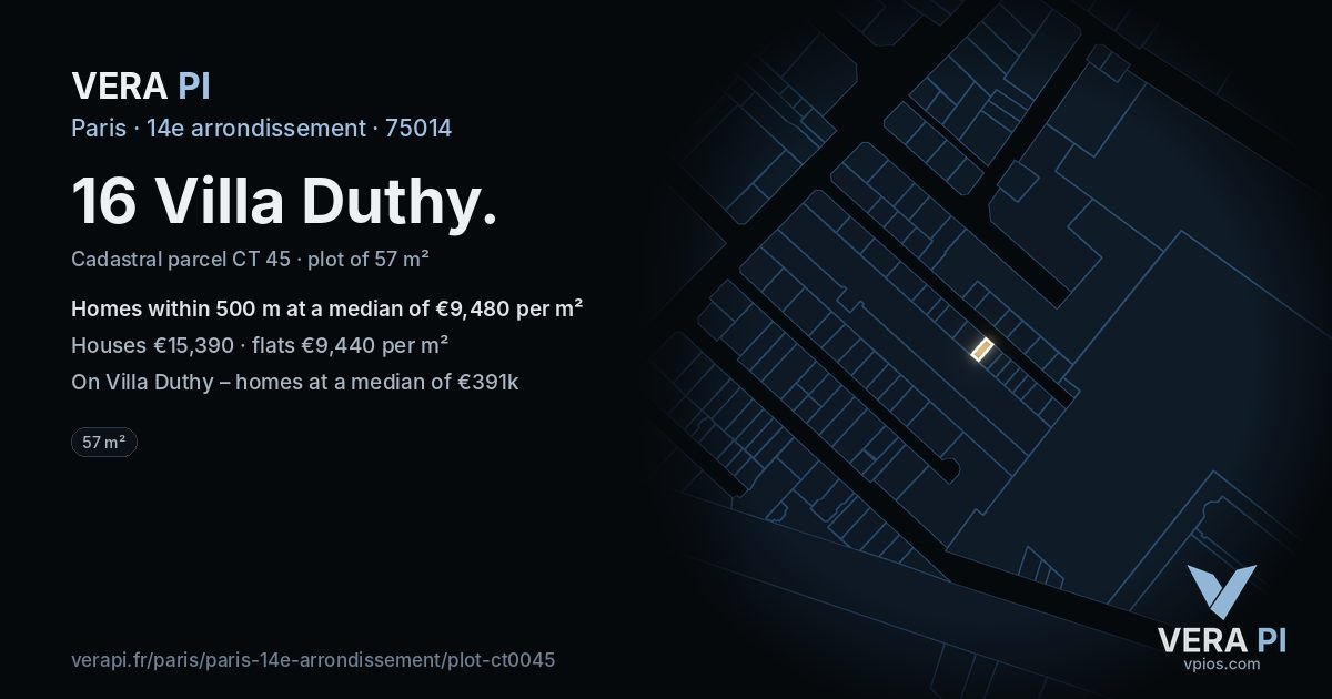 16 Villa Duthy, 14e arrondissement at night – the plot lit, the parcels around coloured by the prices near them