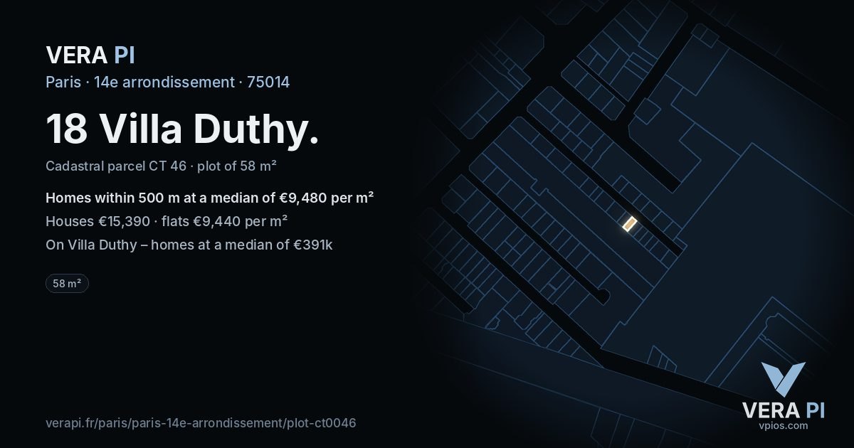 18 Villa Duthy, 14e arrondissement at night – the plot lit, the parcels around coloured by the prices near them