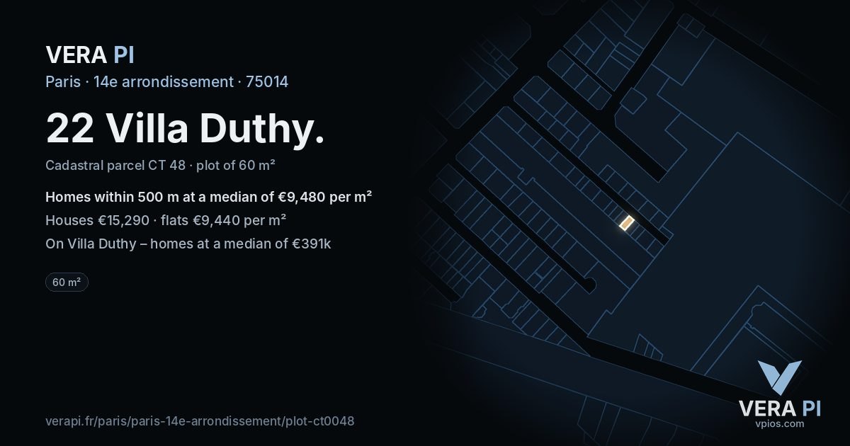 22 Villa Duthy, 14e arrondissement at night – the plot lit, the parcels around coloured by the prices near them