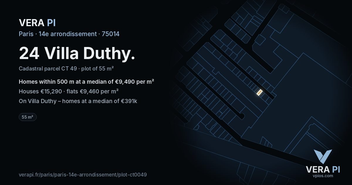 24 Villa Duthy, 14e arrondissement at night – the plot lit, the parcels around coloured by the prices near them