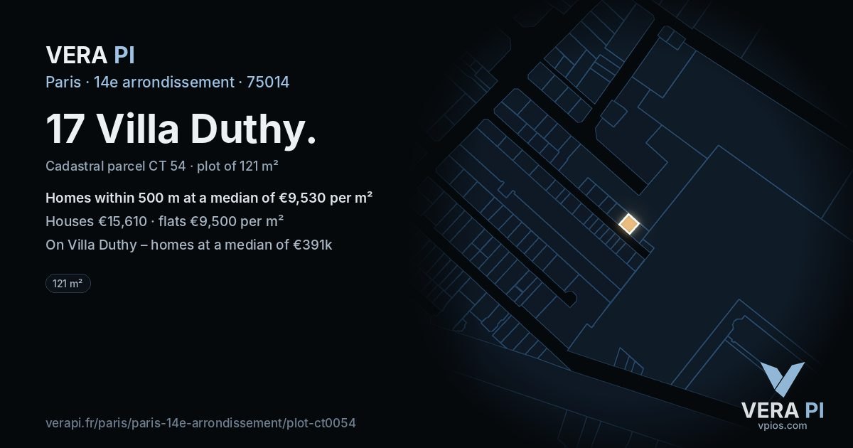 17 Villa Duthy, 14e arrondissement at night – the plot lit, the parcels around coloured by the prices near them