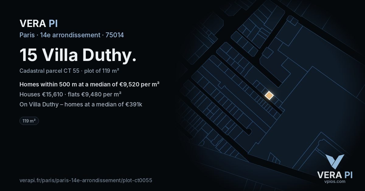 15 Villa Duthy, 14e arrondissement at night – the plot lit, the parcels around coloured by the prices near them