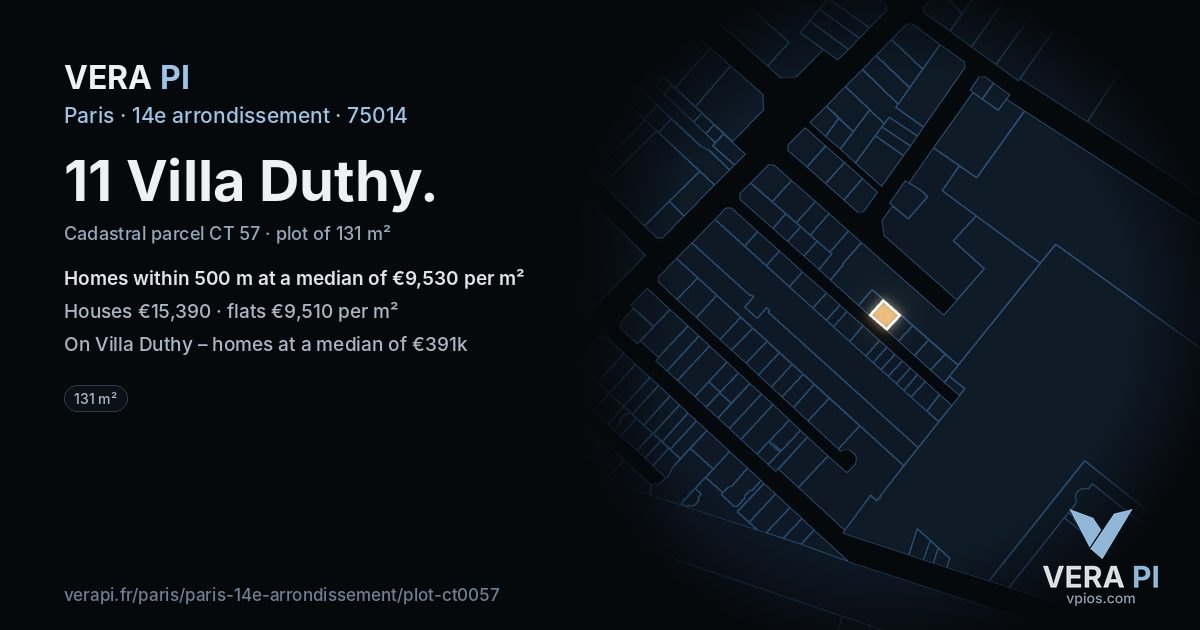 11 Villa Duthy, 14e arrondissement at night – the plot lit, the parcels around coloured by the prices near them