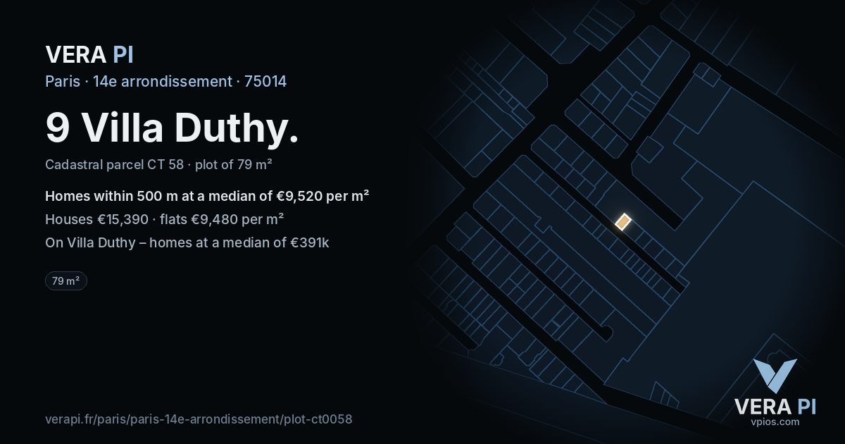 9 Villa Duthy, 14e arrondissement at night – the plot lit, the parcels around coloured by the prices near them