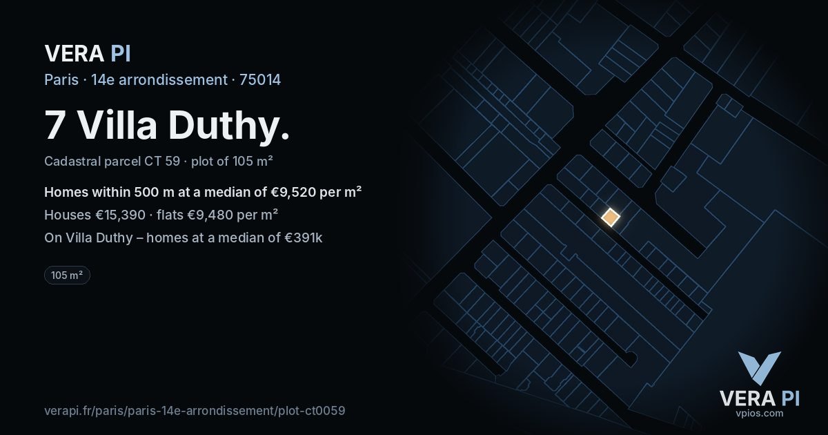 7 Villa Duthy, 14e arrondissement at night – the plot lit, the parcels around coloured by the prices near them
