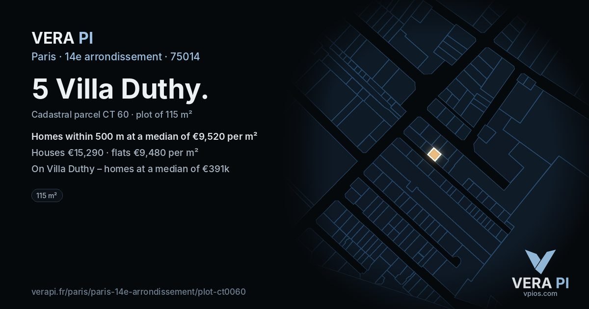 5 Villa Duthy, 14e arrondissement at night – the plot lit, the parcels around coloured by the prices near them