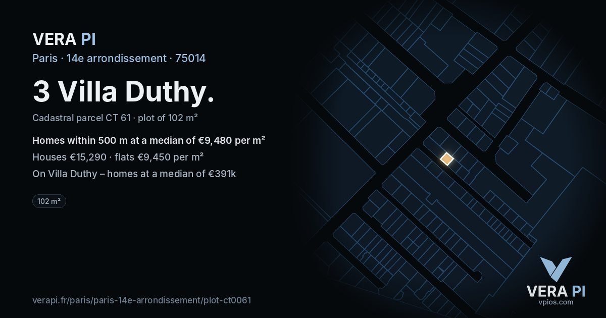 3 Villa Duthy, 14e arrondissement at night – the plot lit, the parcels around coloured by the prices near them