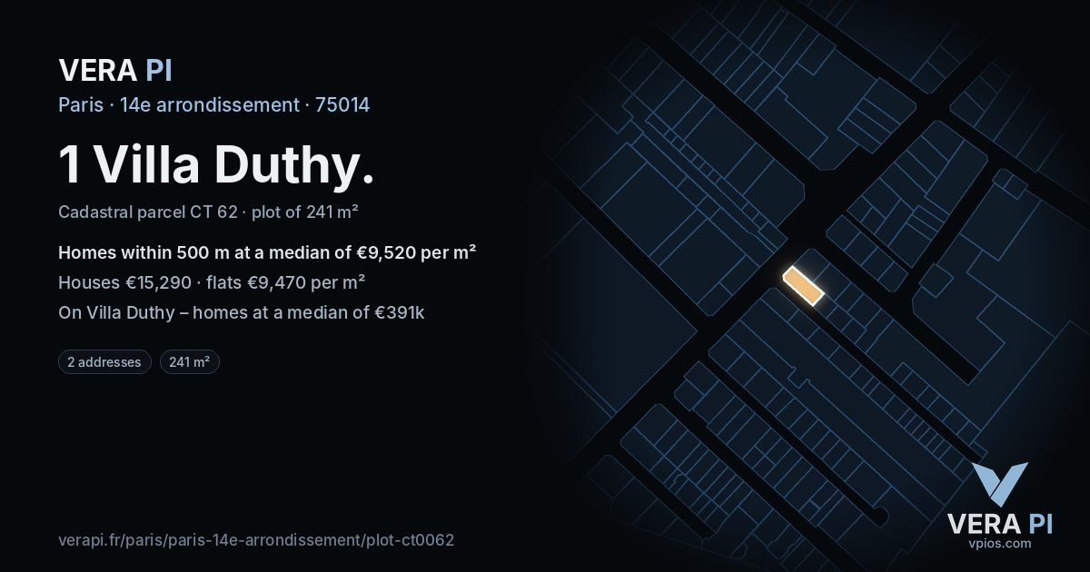 1 Villa Duthy, 14e arrondissement at night – the plot lit, the parcels around coloured by the prices near them