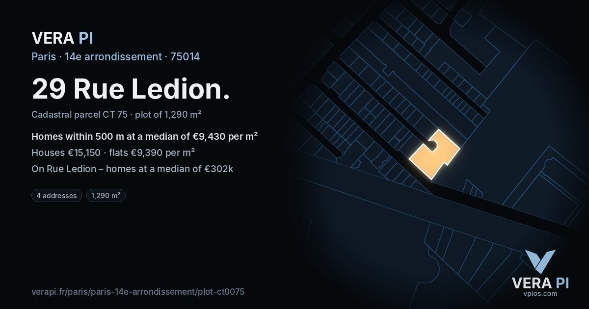 29 Rue Ledion, 14e arrondissement at night – the plot lit, the parcels around coloured by the prices near them