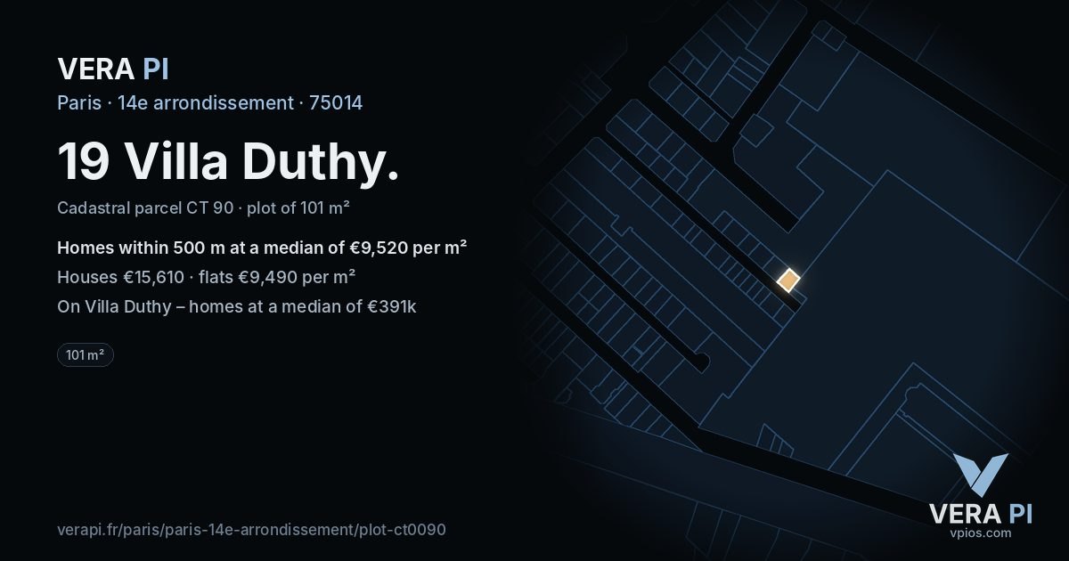19 Villa Duthy, 14e arrondissement at night – the plot lit, the parcels around coloured by the prices near them
