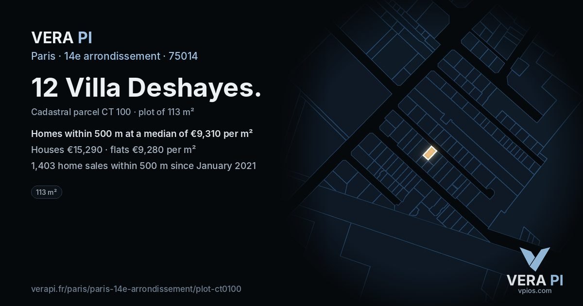 12 Villa Deshayes, 14e arrondissement at night – the plot lit, the parcels around coloured by the prices near them
