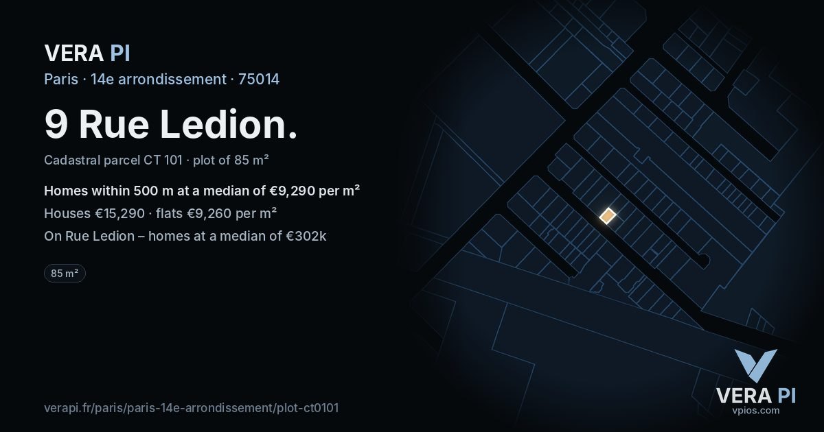 9 Rue Ledion, 14e arrondissement at night – the plot lit, the parcels around coloured by the prices near them