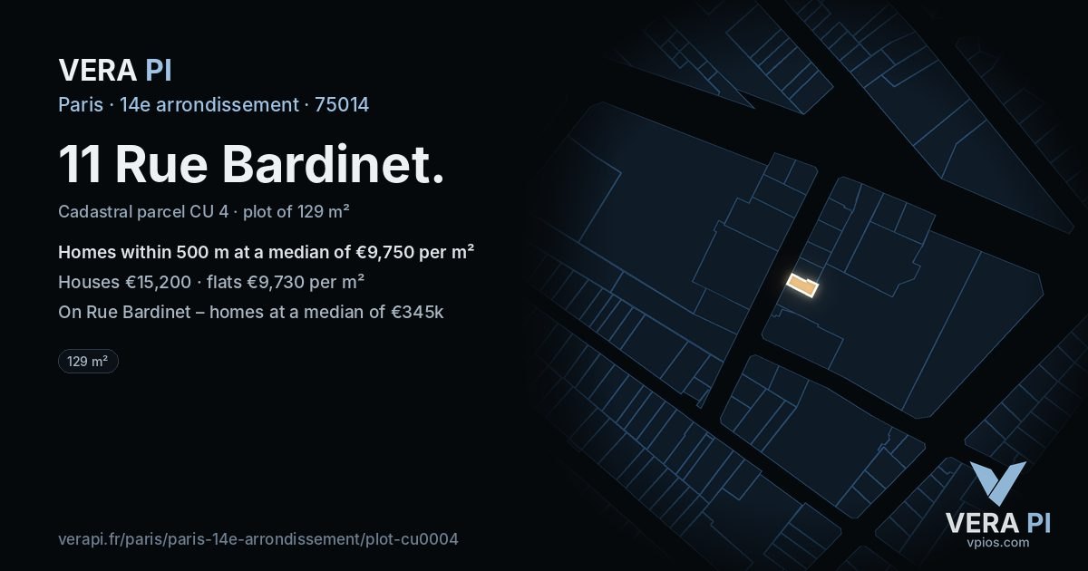 11 Rue Bardinet, 14e arrondissement at night – the plot lit, the parcels around coloured by the prices near them