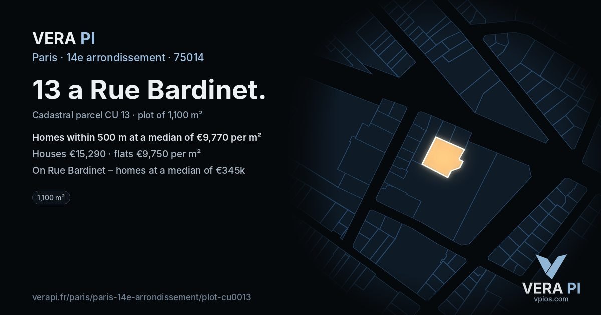 13 a Rue Bardinet, 14e arrondissement at night – the plot lit, the parcels around coloured by the prices near them