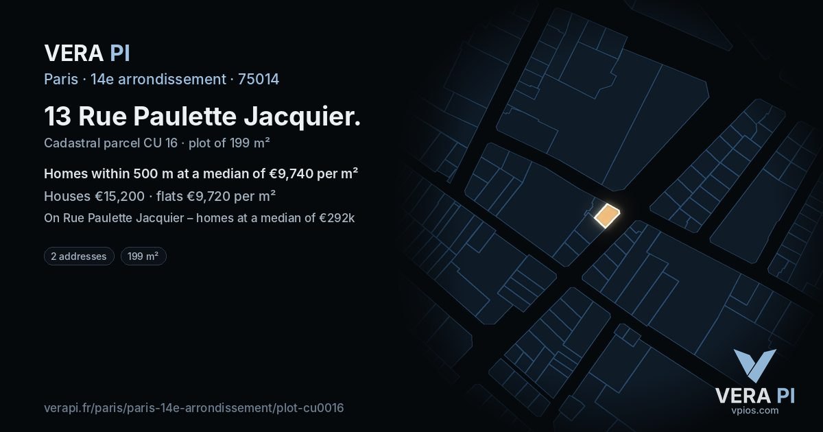 13 Rue Paulette Jacquier, 14e arrondissement at night – the plot lit, the parcels around coloured by the prices near them
