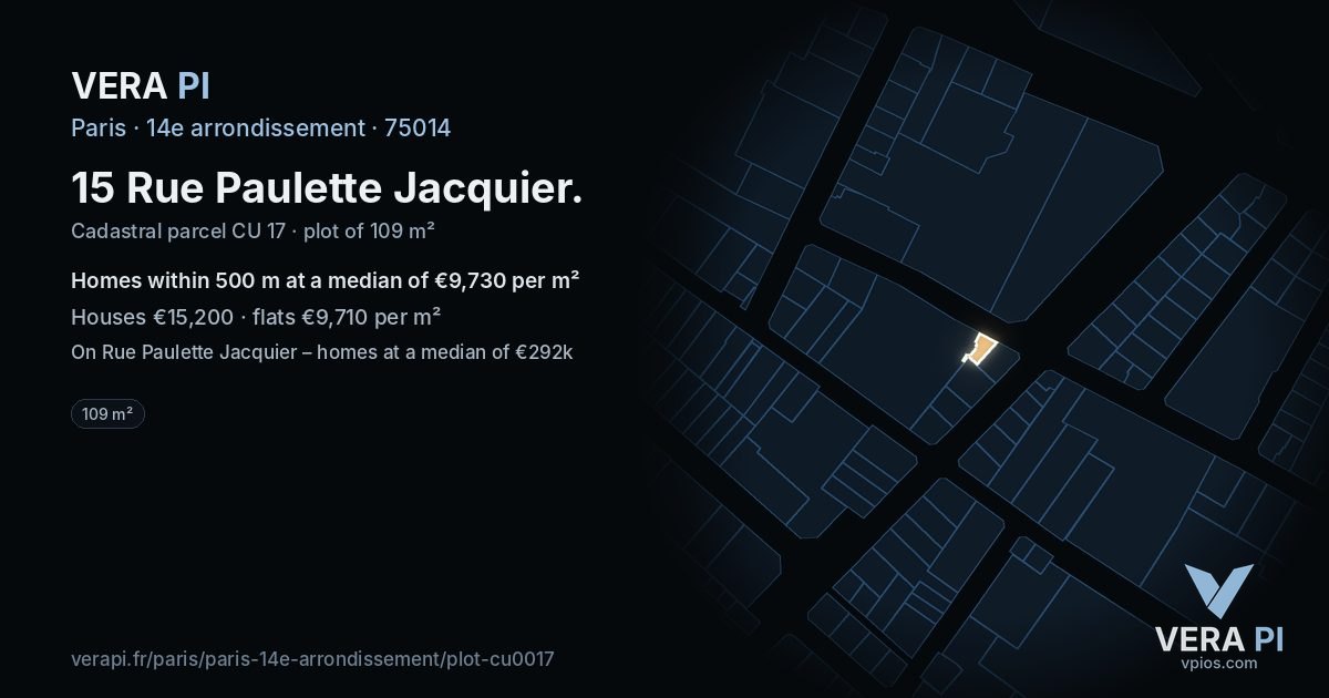 15 Rue Paulette Jacquier, 14e arrondissement at night – the plot lit, the parcels around coloured by the prices near them