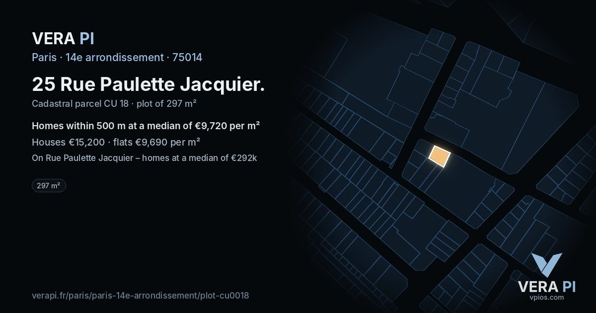 25 Rue Paulette Jacquier, 14e arrondissement at night – the plot lit, the parcels around coloured by the prices near them