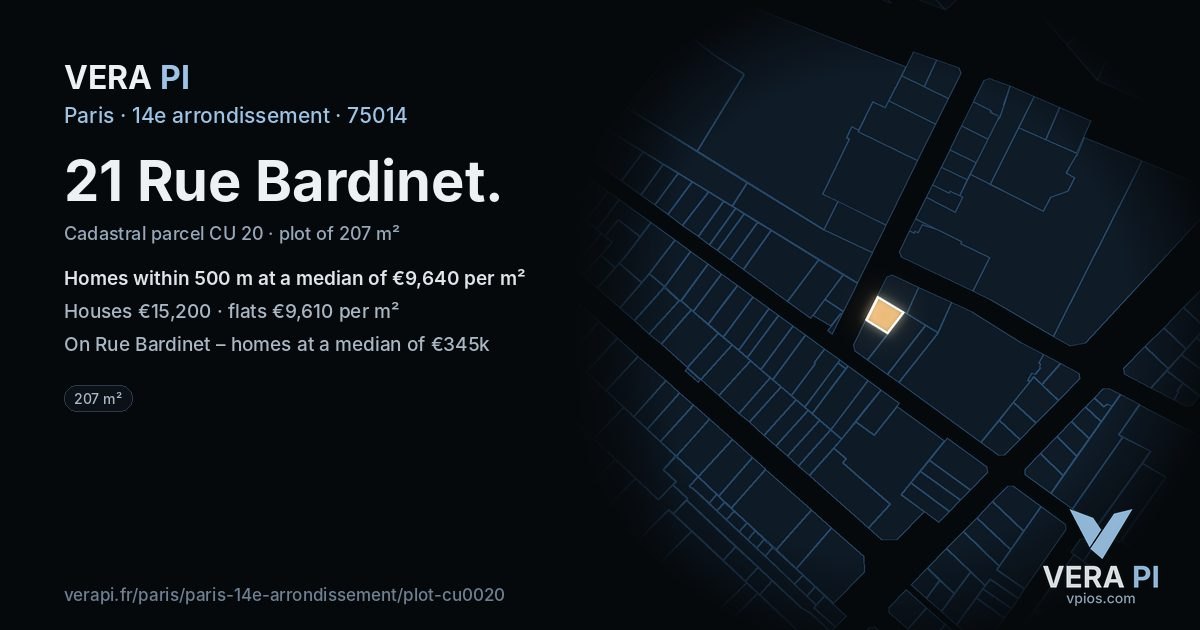 21 Rue Bardinet, 14e arrondissement at night – the plot lit, the parcels around coloured by the prices near them