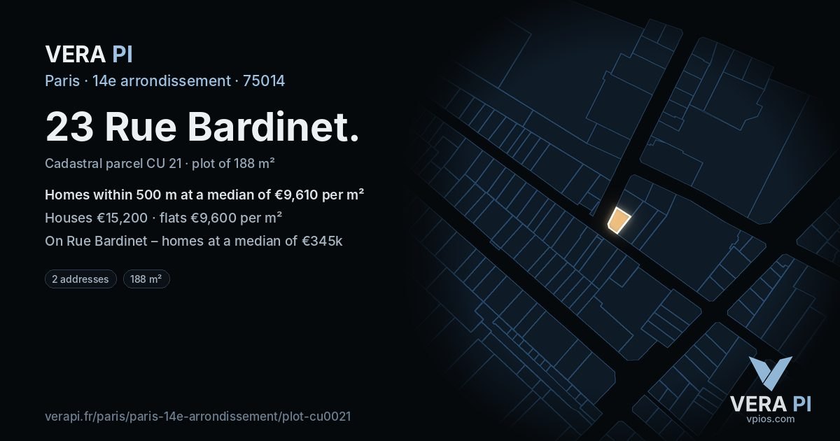 23 Rue Bardinet, 14e arrondissement at night – the plot lit, the parcels around coloured by the prices near them