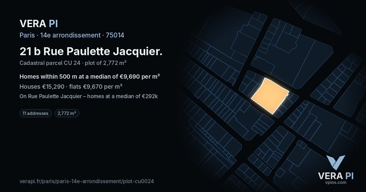 21 b Rue Paulette Jacquier, 14e arrondissement at night – the plot lit, the parcels around coloured by the prices near them