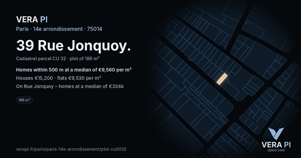39 Rue Jonquoy, 14e arrondissement at night – the plot lit, the parcels around coloured by the prices near them