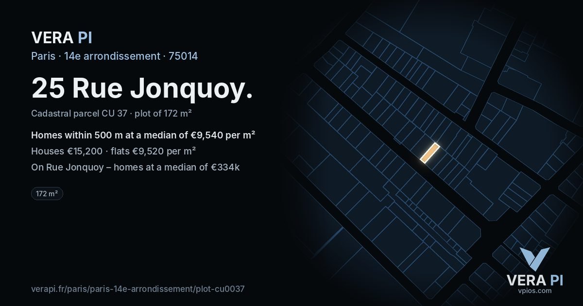 25 Rue Jonquoy, 14e arrondissement at night – the plot lit, the parcels around coloured by the prices near them
