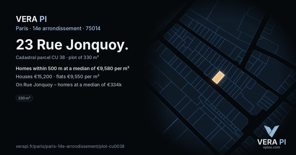 23 Rue Jonquoy, 14e arrondissement at night – the plot lit, the parcels around coloured by the prices near them