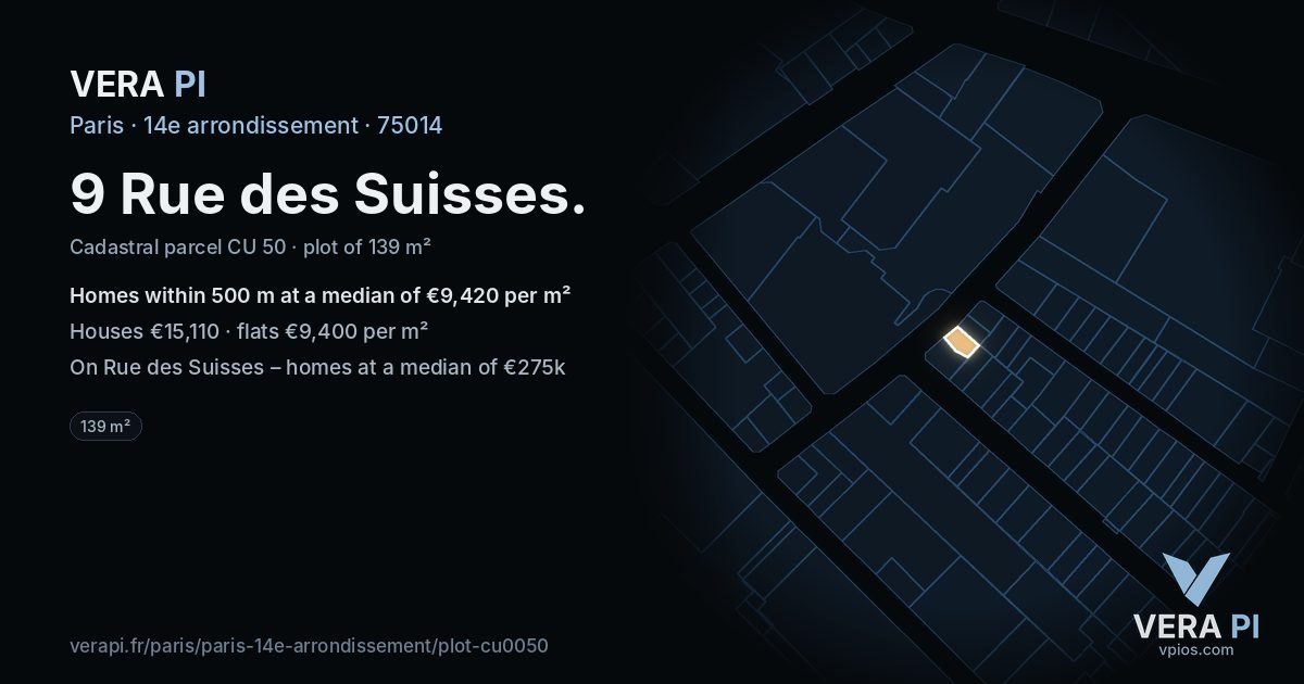 9 Rue des Suisses, 14e arrondissement at night – the plot lit, the parcels around coloured by the prices near them
