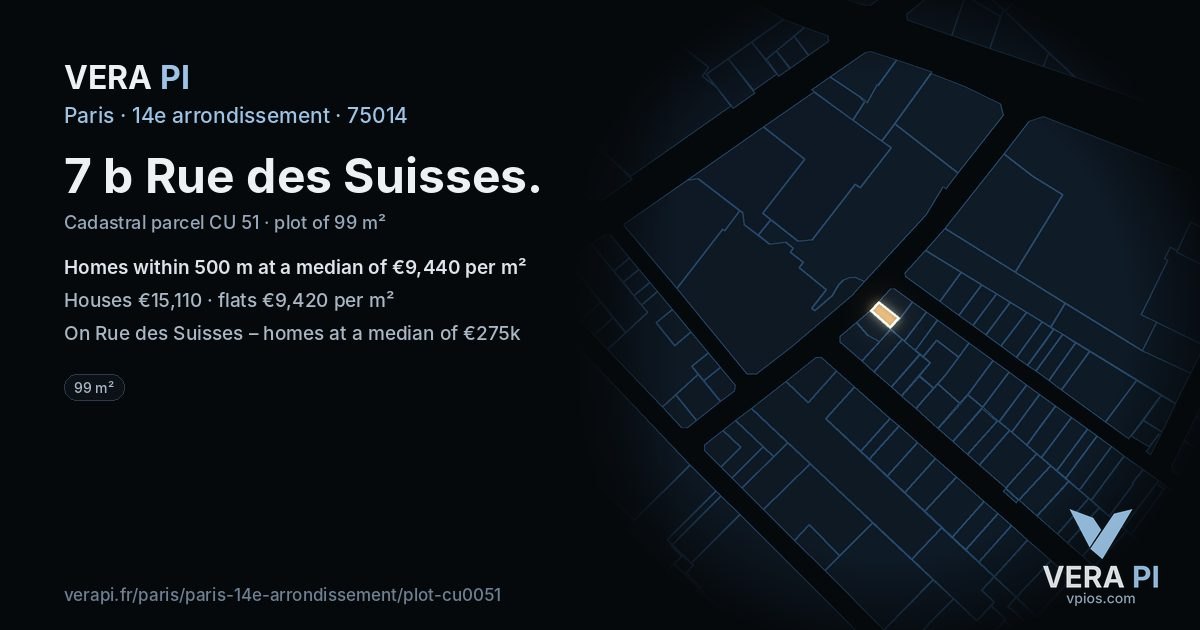 7 b Rue des Suisses, 14e arrondissement at night – the plot lit, the parcels around coloured by the prices near them