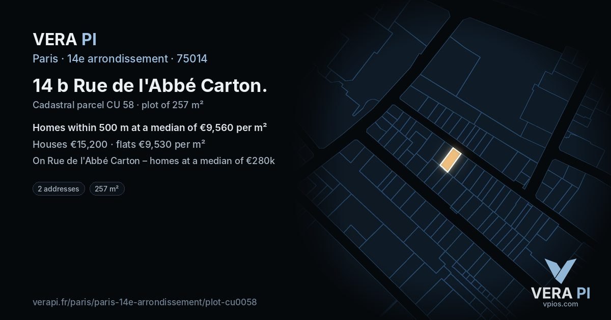14 b Rue de l'Abbé Carton, 14e arrondissement at night – the plot lit, the parcels around coloured by the prices near them