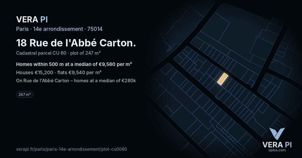 18 Rue de l'Abbé Carton, 14e arrondissement at night – the plot lit, the parcels around coloured by the prices near them