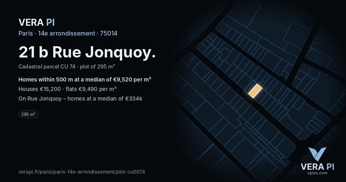 21 b Rue Jonquoy, 14e arrondissement at night – the plot lit, the parcels around coloured by the prices near them