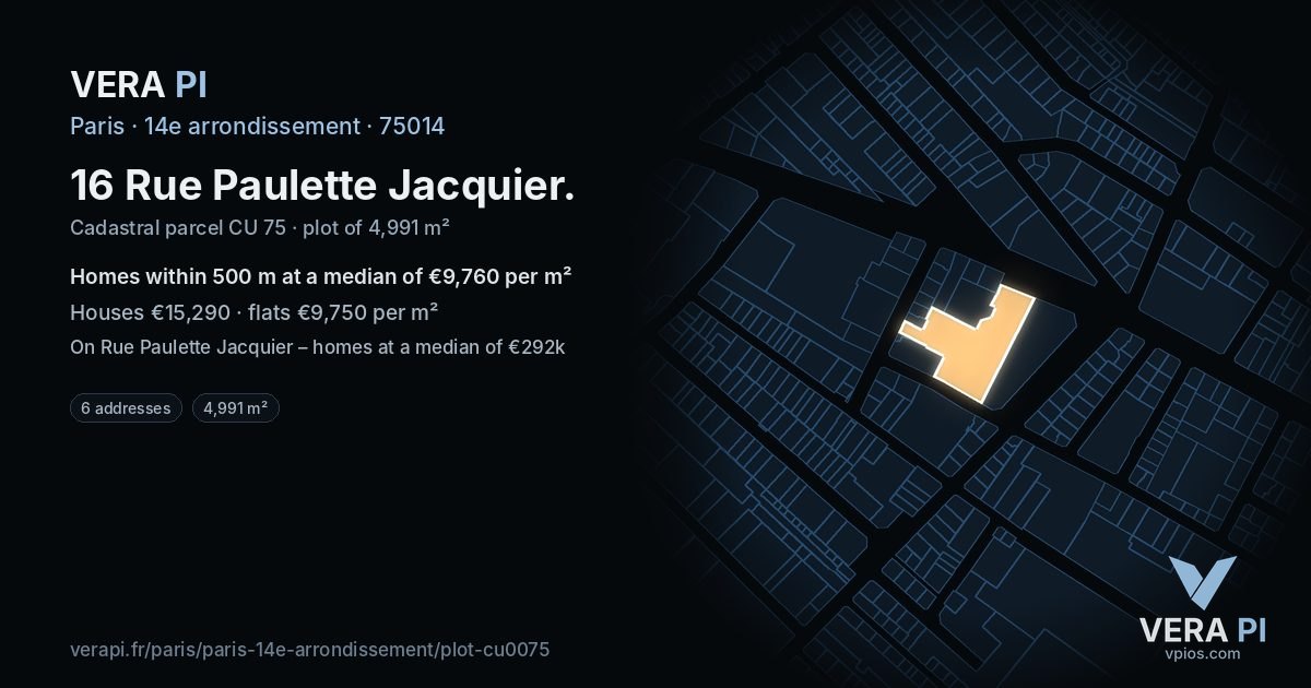 16 Rue Paulette Jacquier, 14e arrondissement at night – the plot lit, the parcels around coloured by the prices near them