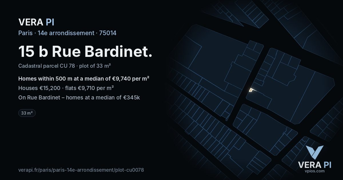 15 b Rue Bardinet, 14e arrondissement at night – the plot lit, the parcels around coloured by the prices near them