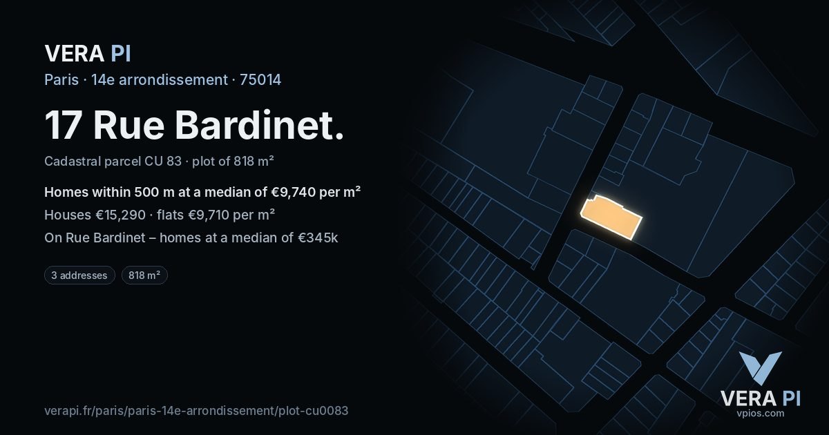 17 Rue Bardinet, 14e arrondissement at night – the plot lit, the parcels around coloured by the prices near them
