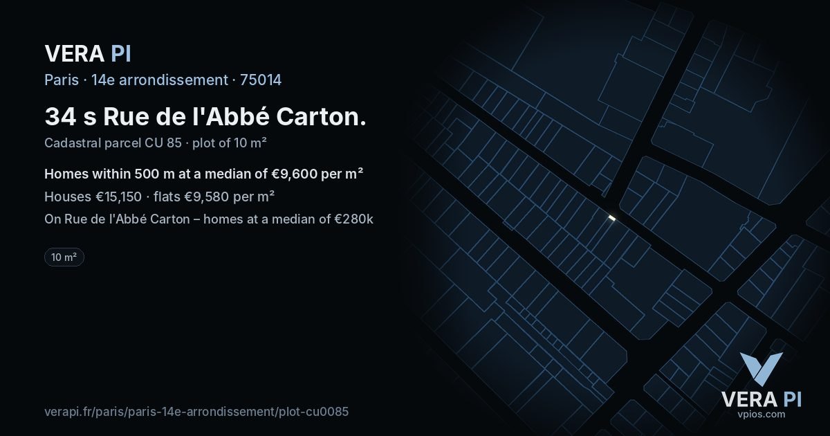 34 s Rue de l'Abbé Carton, 14e arrondissement at night – the plot lit, the parcels around coloured by the prices near them
