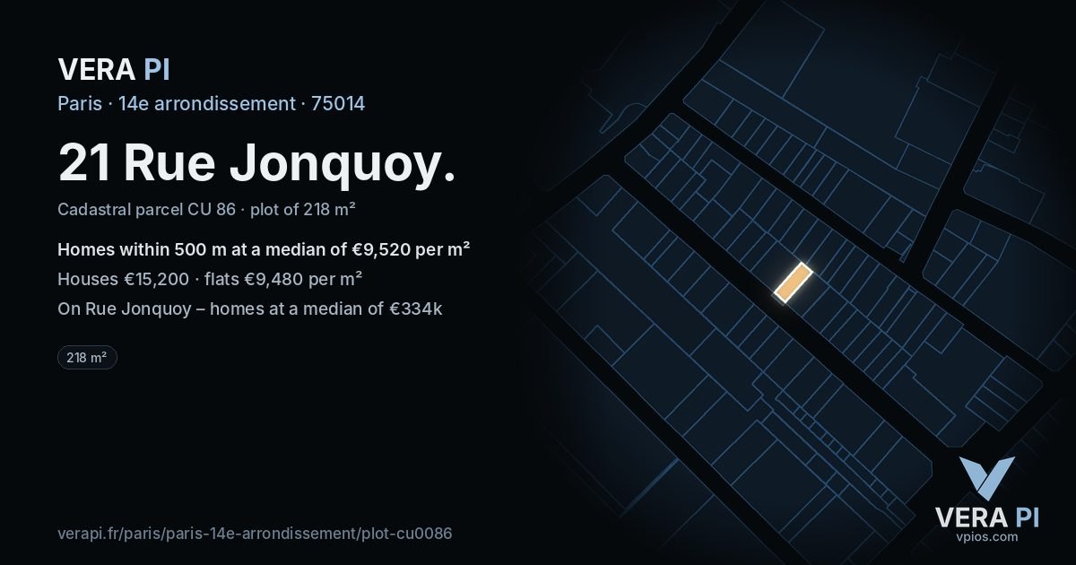 21 Rue Jonquoy, 14e arrondissement at night – the plot lit, the parcels around coloured by the prices near them