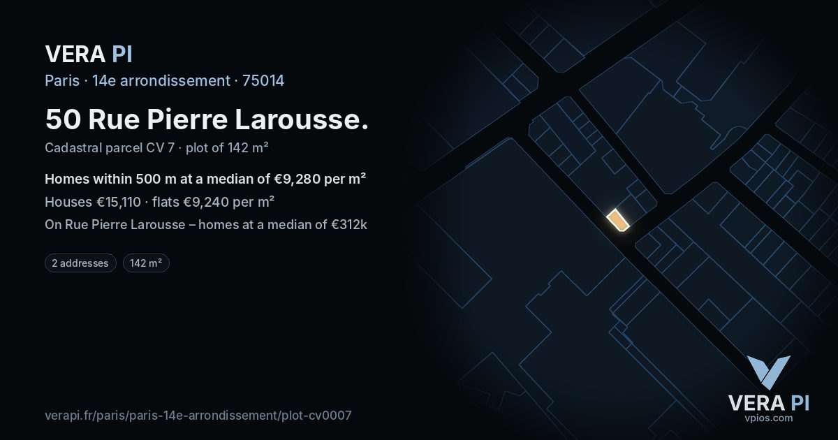 50 Rue Pierre Larousse, 14e arrondissement at night – the plot lit, the parcels around coloured by the prices near them