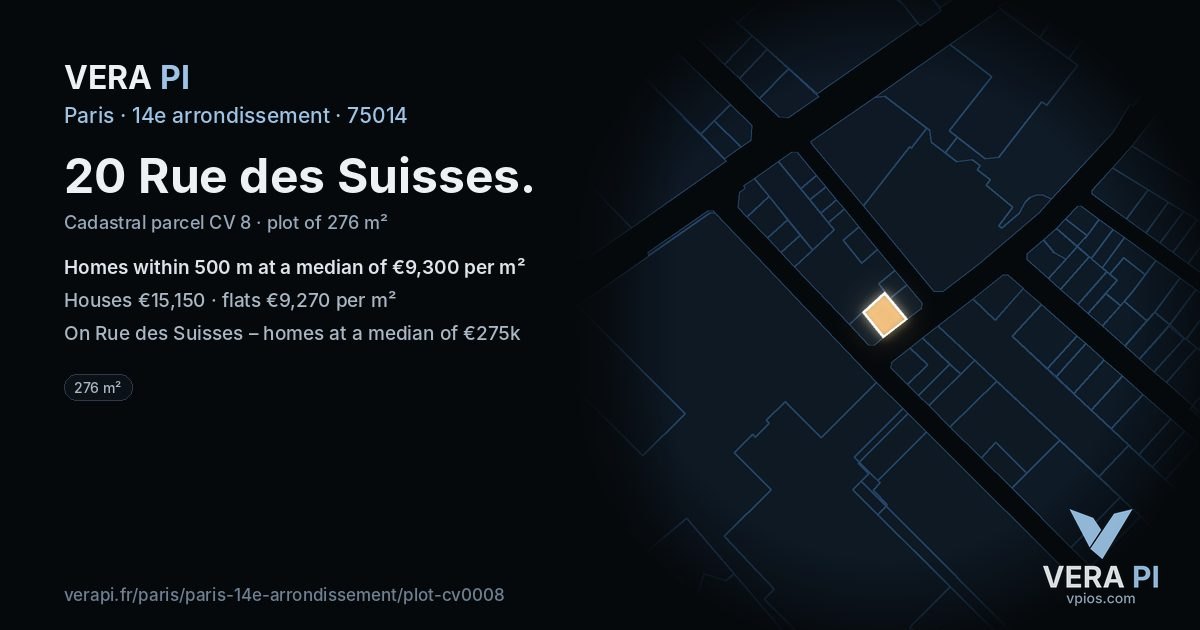 20 Rue des Suisses, 14e arrondissement at night – the plot lit, the parcels around coloured by the prices near them