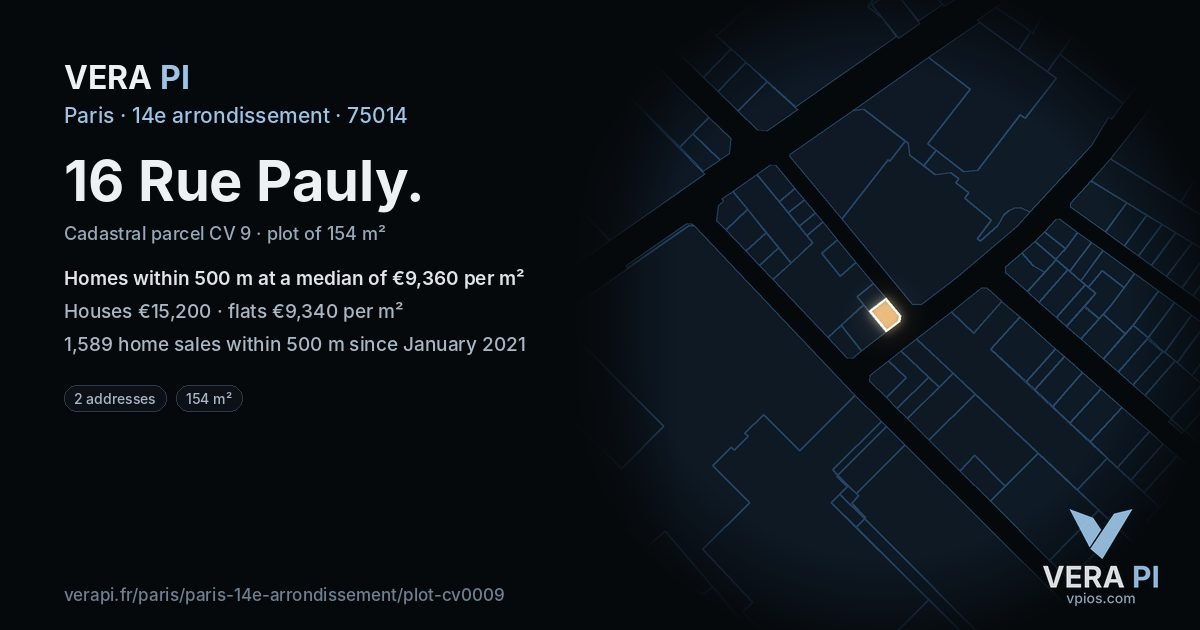 16 Rue Pauly, 14e arrondissement at night – the plot lit, the parcels around coloured by the prices near them