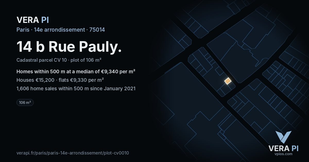 14 b Rue Pauly, 14e arrondissement at night – the plot lit, the parcels around coloured by the prices near them
