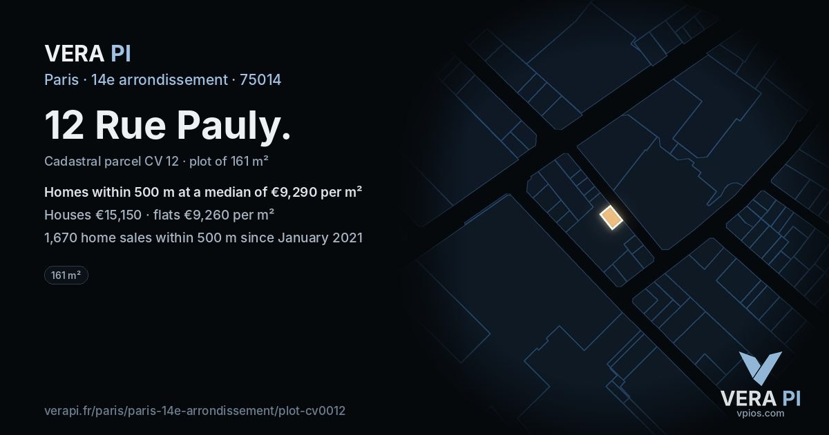 12 Rue Pauly, 14e arrondissement at night – the plot lit, the parcels around coloured by the prices near them