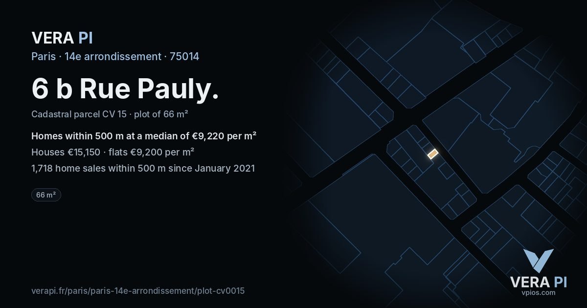 6 b Rue Pauly, 14e arrondissement at night – the plot lit, the parcels around coloured by the prices near them